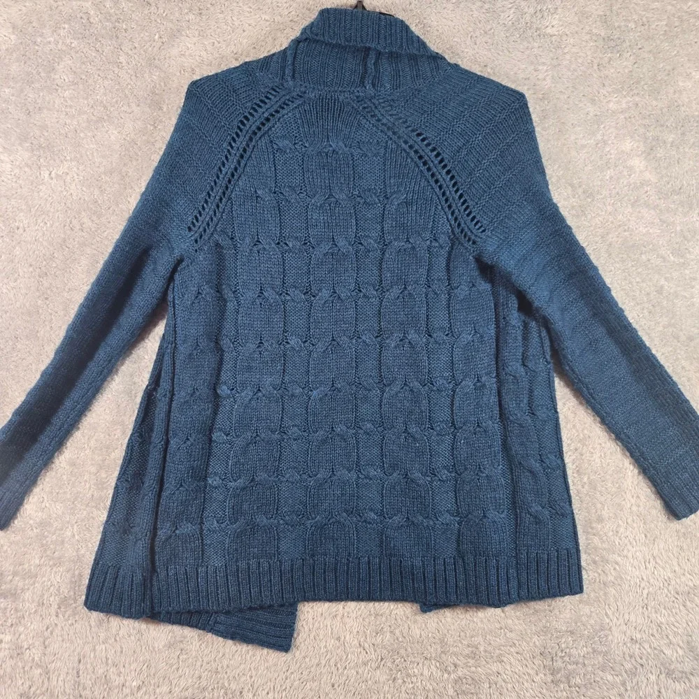 Talbots Petites Teal Blue Cable Knit Open Front Cardigan Sweater Wool Blend SP